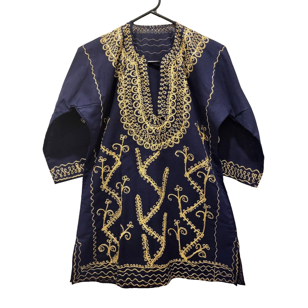Vintage 70s Gold Embroidered Navy Caftan Shirt Size M/L Handcrafted GORGEOUS YK